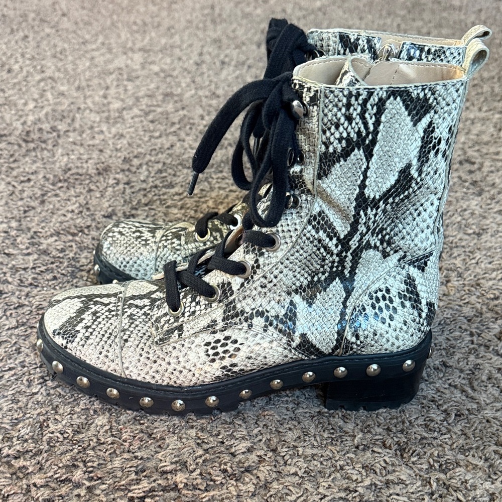 SCHUTZ Black and White Snake Print Combat Boots, like new Womens Sz. 7.5